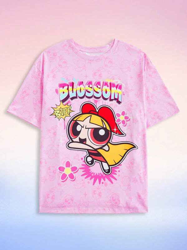 THE POWERPUFF GIRLS X SHEIN Tricou cu mânecă scurtă, cu umăr căzut, cu imprimeu cu litere și desene animate, vară