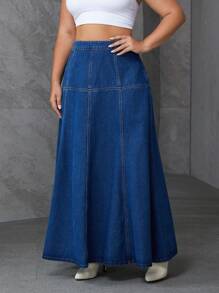 SHEIN Essnce Plus Size Solid Color Back Zipper Casual Versatile Denim Skirt - Blue - View 5