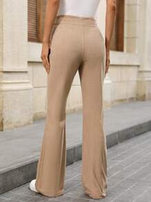 Women's Solid Color Front Button Minimalist Casual Pants, For Daily Wear Fall Cloth For Women - Khaki - View 2