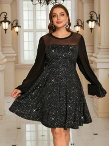 SHEIN Clasi Curvy Plus Size Women's Stretch Mesh Spliced ​​Round Neck Long Sleeve Hot Silver Shiny Elegant A-Hem Short Dress, Suitable For Autumn And Winter, Party Dress, Going Out,Christmas,Christmas Party Outfit,Xmas Dress ,Holiday Party Dress,New Years Outfit