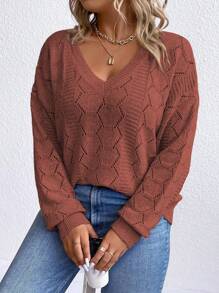 SHEIN CURVE+ Plus Size Solid Color V-Neck Hollow Out Casual Versatile Long Sleeve Pullover Sweater, For Winter - Rose Red - View 3