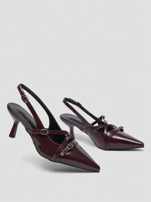 CUCCOO BIZCHIC Giày cao gót Mary Jane quai sau trang trí nơ dành cho nữ, màu đỏ rượu vang thanh lịch, phù hợp cho mùa xuân, lễ Phục sinh, Giáng sinh. - Gỗ đỏ - Xem 6