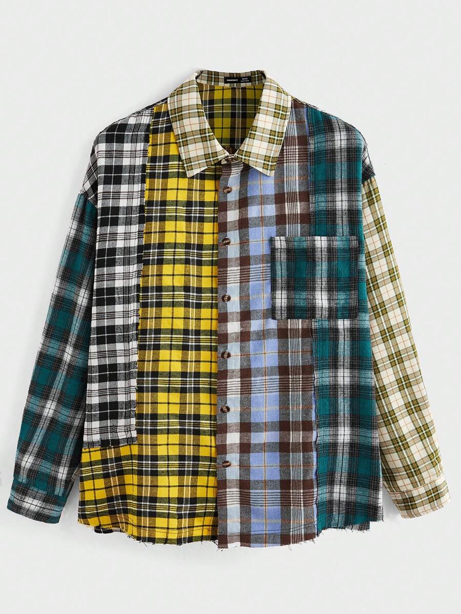 Manfinity VCAY Camisa de manga larga holgada de talla grande para hombre con estampado de cuadros multicolor, otoño - Multicolor - Ver 1