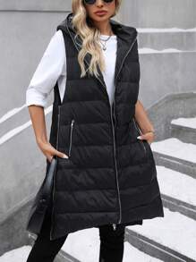 SHEIN Clasi Women's Plain Color Zipper Front Long Hooded Casual Padded Padded Coat, Winter Clothes - Black - View 6