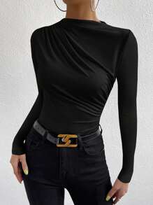 SHEIN PETITE 1 件女式休闲褶皱长袖 T 恤，秋季 - 黑色 - 查看 5