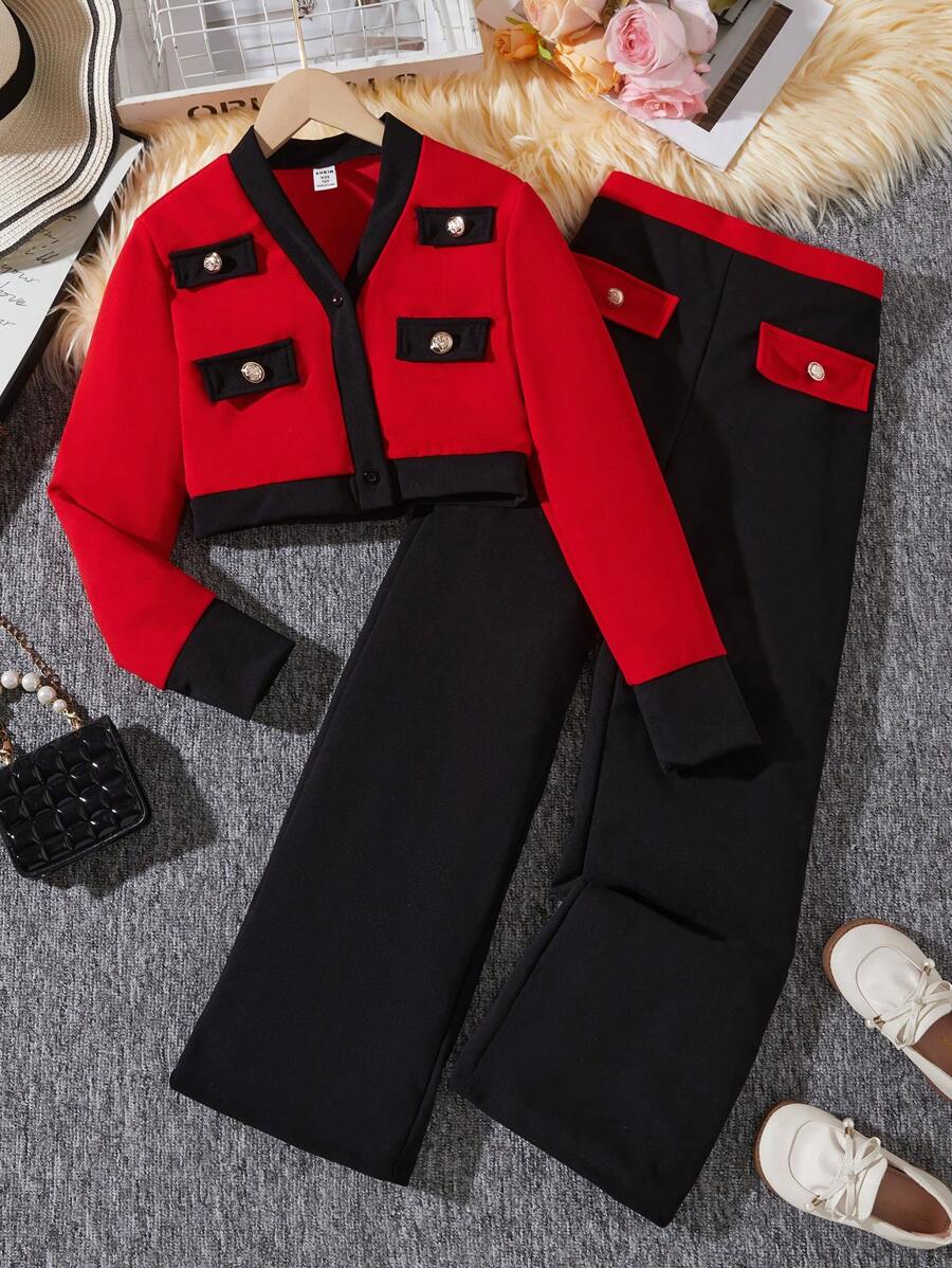 2pcs/Set Tween Girl Contrast Color Jacket Top And Casual Long Pants, Commuter Outfit - Red - View 1