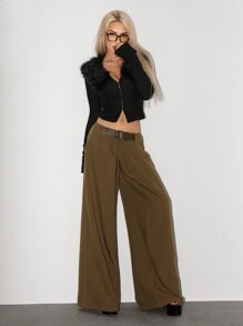 SHEIN ICON Extra Low Waist Belt Decor Pleated Loose Wide-Leg Extra Long Pants - Brown - View 5