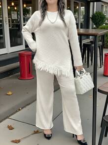 SHEIN Clasi Plus Size Crew Neck Long Sleeve Top With Tassel Hem And Pants Casual Suit Set