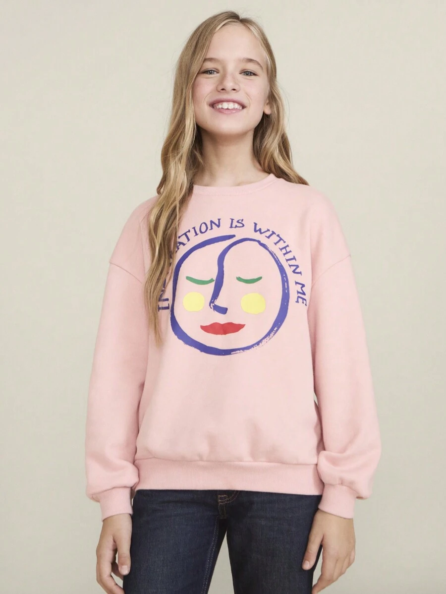 SHEIN 少女标语印花圆领落肩长袖休闲卫衣，秋冬季，粉色 - 粉色 - 查看 1