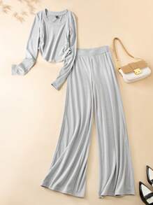 SHEIN BASICS 2 件套女士休闲纯色针织圆领修身长袖 T 恤和高腰直筒裤 - 淺灰色 - 查看 1