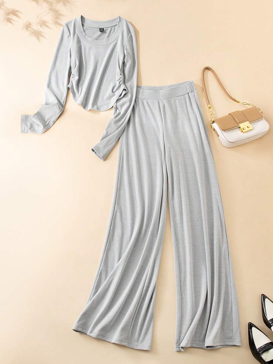 SHEIN BASICS 2 件套女士休闲纯色针织圆领修身长袖 T 恤和高腰直筒裤 - 淺灰色 - 查看 1