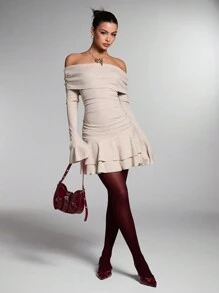 SHEIN BAE Women's Autumn Elegant Solid Color Off Shoulder Flare Sleeve Ruffle Hem Dress - Apricot - View 1