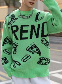 Manfinity EMRG Men's Casual Contrast Pattern Round Neck Green Graphic Color Block Pullover Long Sleeve Sweater, Autumn/Winter, For Going Out, Friends