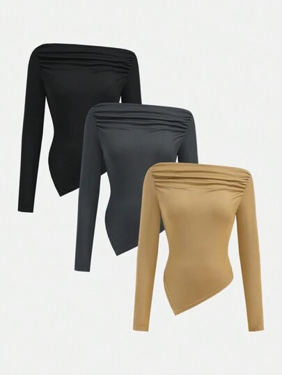 Girlism 3 件套青少年女孩不对称褶皱优雅露肩长袖多色 T 恤