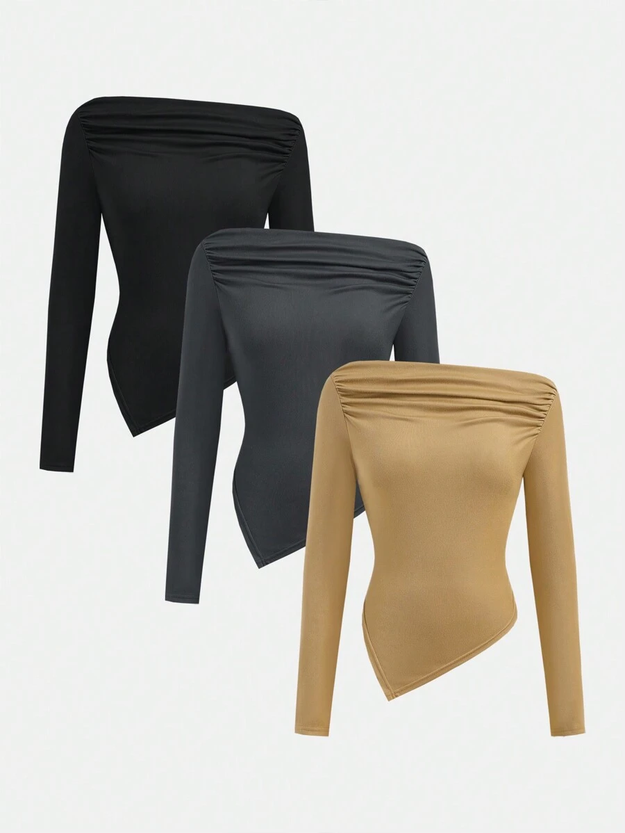 Girlism 3 件套青少年女孩不对称褶皱优雅露肩长袖多色 T 恤