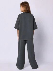 SUMWON Conjunto coordenado de camiseta oversized com ombros caídos e calça pantalona com cordão. Ideal para o inverno, estilo casual urbano e outono. - Cinza escuro - Ver 2