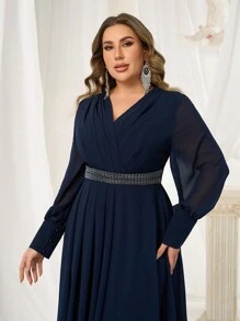SHEIN Belle Plus Size Women V-Neck Long Sleeve Crystal Embellished Flared Formal Gown With Waist Cinching, Slimming Gown Jacquard Dress Valentine's Day Dress Valentine's Day Dress Black Cocktail Dress Women's Christmas Black Evening Dress Formal Party Dresses Autumn And Winter Black Sexy Mesh Long Sleeve Bridesmaid Dress, Semi Formal Prom Dress, For Birthday, Wedding Guest, Graduation, Homecoming - Navy Blue - View 7