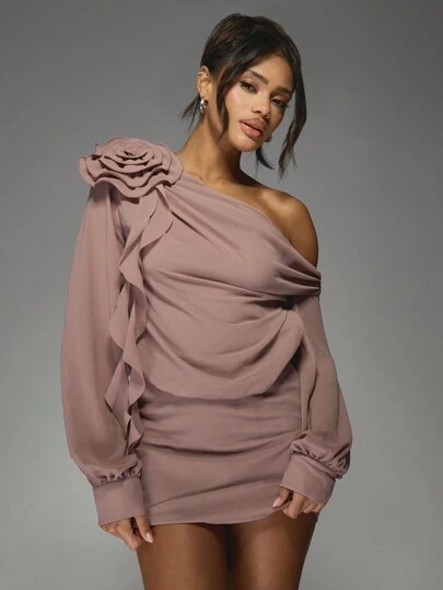 MISSGUIDED One Shoulder Mini Dress Elegant Flower Detail Draped Evening Party Wedding Guest Holiday Formal Occasion Long Sleeve