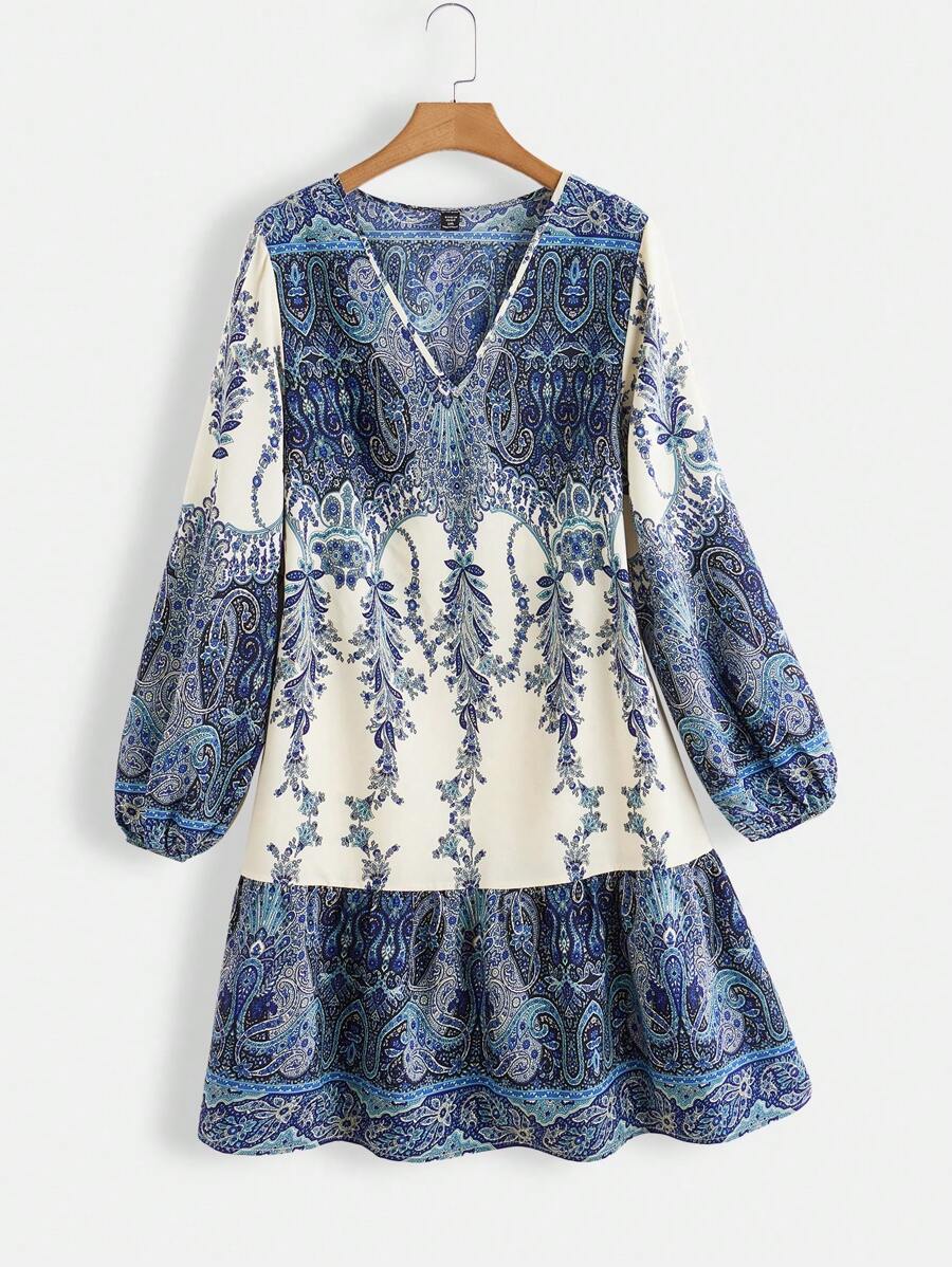 EMERY ROSE Plus Size Long Fall Dress Casual Retro Printed Long Dress,Fall Women Clothes,Winter Clothes For Women - Blue - View 1