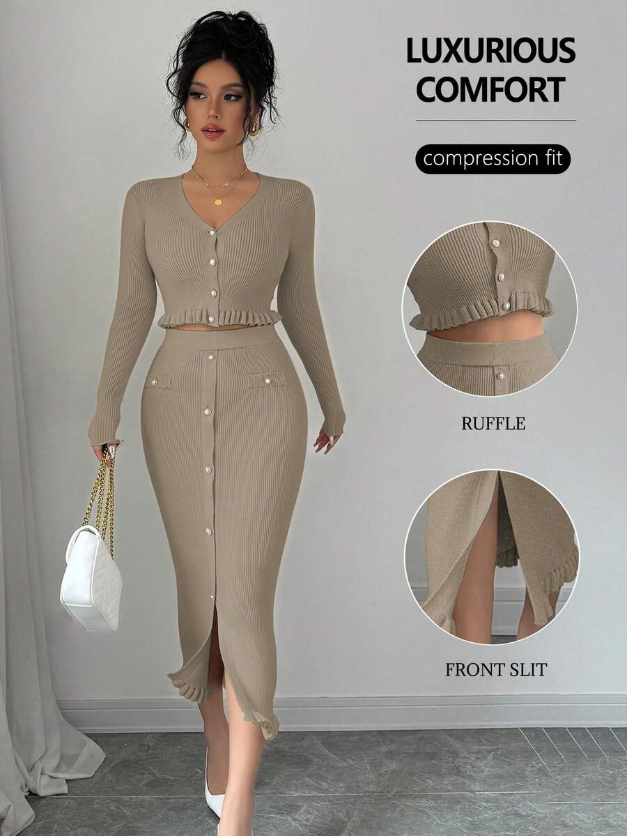 Chiquease 2 件 V 领纯色长袖针织上衣和开衩下摆修身半身裙套装 - 杏色 - 查看 1