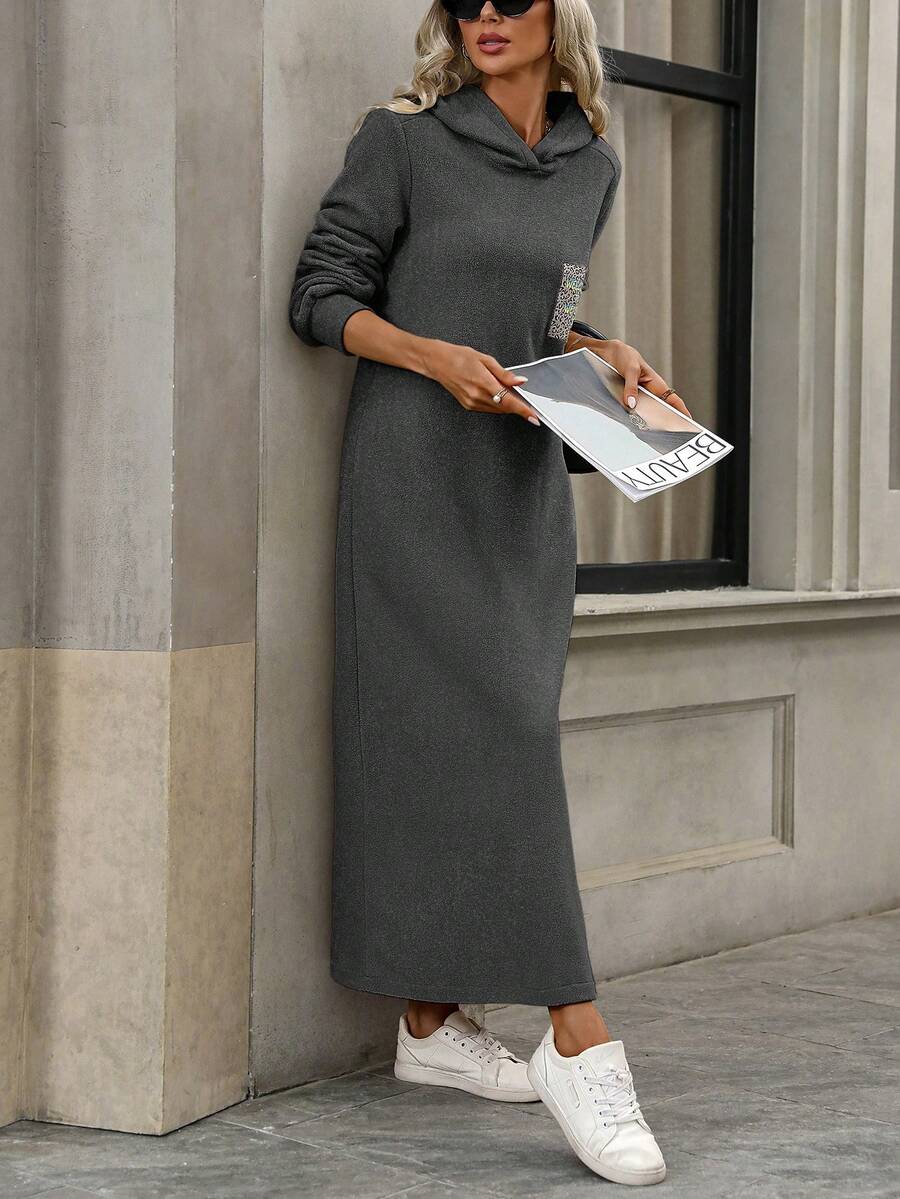 1 件豹纹连帽休闲长袖连衣裙，百搭 - 灰色 - 查看 1