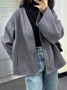 INAWLY 女士纯色正面纽扣长袖简约夹克，适合日常休闲穿着 - 灰色 - 查看 3