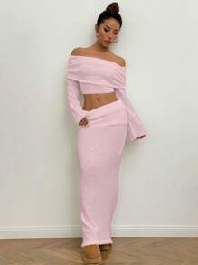 Flirla 2pcs/Set Women's Sexy Solid Color Foldover Off-Shoulder Crop Top Sweater And Sweater Skirt - Pink - View 3
