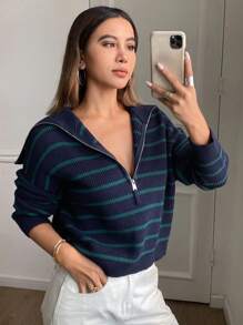 DAZY 休闲条纹半拉链长袖套头衫