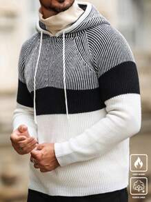 Manfinity Homme Men's Casual Striped Raglan Sleeve Long Sleeve Drawstring Hooded Cable Knit Sweater, Autumn/Winter, For Going Out, Husband - Multicolor - View 4