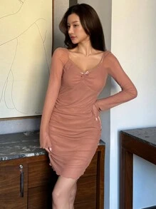 DAZY Tulle Contrast Lace Bowknot Slim Fit Short Nightgown Pajama - Pink - View 7