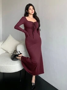 DAZY Váy dài ôm vừa vặn mới cho nữ, mùa thu, váy Milkmaid, quần áo mùa thu cho nữ váy dài tay màu đỏ cho nữ - Màu Đỏ Sâu - Xem 4