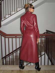 SHEIN ICON Women's Long Sleeve Turn-Down Collar Double-Breasted Long Jacket, Stylish Street Fashion, Autumn - Burgundy - View 2