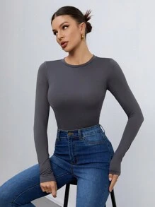 SHEIN Tall Women's Three Pieces Round Neck Casual Tight-Fitting Solid Color Long-Sleeved T-Shirt Pullover Set Suitable For Spring, Autumn And Winter, Tall Women - Multicolor - View 8