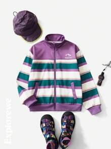 SHEIN Boys' Oversized Striped American Style Jacket, Suitable For Outdoor Hiking, Autumn/Winter
