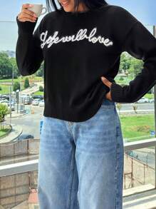RueChic Casual Contrast Color Slogan Embroidery Crew Neck Sweater - Black - View 5