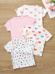 SHEIN Genkimix Kids 4pcs/Set Young Girl Casual Minimalist Bow, Heart & Polka Dot Print T-Shirt, School, Campus, College Summer Holiday - Multicolor - View 2