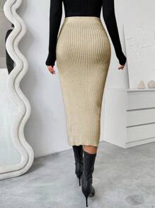 Chiquease Einfarbiger Midikleid-Pulloverrock mit geripptem Strick, Wickelfront und Schlitz-Saum