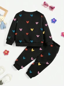 SHEIN Leap Crew ModeFlare Wear 2pcs/Set Baby Girl Cute Colorful Handpainted Heart Pattern Black Knitting Soft Hoodie & Sweatpants Set, Casual Thick Outfit Suitable For Autumn/Winter - Multicolor - View 2