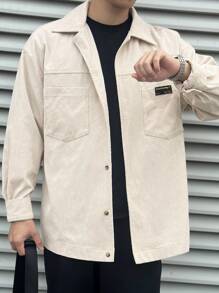 Manfinity Dauomo Men's Casual Front Button Patch Pocket Long Sleeve Shirt, For Everyday Wear, Autumn - Khaki - View 1