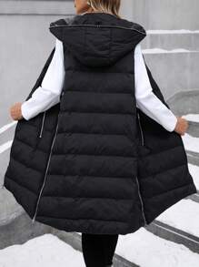 SHEIN Clasi Women's Plain Color Zipper Front Long Hooded Casual Padded Padded Coat, Winter Clothes - Black - View 2