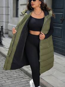 Calvaya Plus Size Solid Color Hooded Zipper Sleeveless Padded Padded Coat, Autumn/Winter Clothes - Green - View 1
