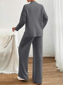 EURMUSE Women Sweater With Pearl Detailed And Knit Pant - Grey - View 5