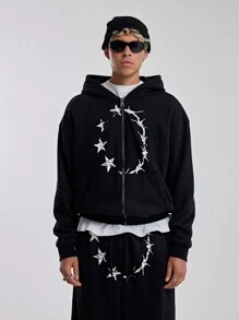 Musero Sudadera con capucha con cremallera y detalles de estrella de alambre de espino para hombres