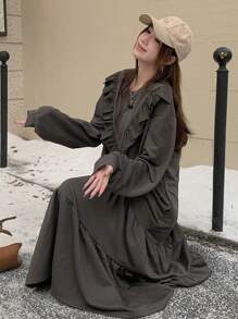 DAZY 女士荷叶边下摆中长款卫衣连衣裙，秋冬 - 深灰色 - 查看 6