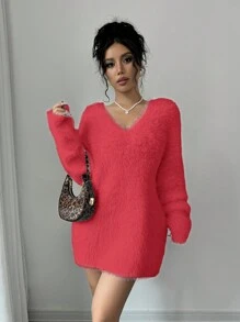 Elenzga 女士休闲纯色针织毛衣，秋冬季新年衣服 - 紅色 - 查看 3