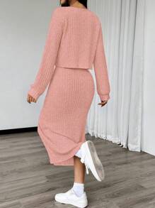 Chiquease 2pcs/Set Solid Color High Slit Bodycon Dress And Open Front Cardigan, Outfit - Dusty Pink - View 2