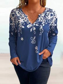 EMERY ROSE Plus Size Notch Neck Floral Print Casual Long Sleeve T-Shirt Graphic Tees Women Tops For Spring - Royal Blue - View 5