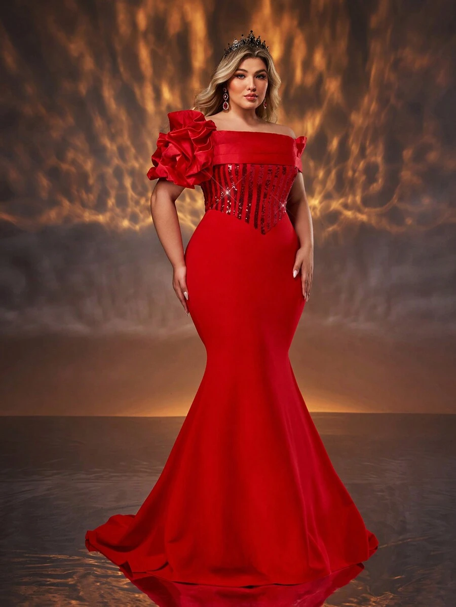 SHEIN Belle Plus Size Women's Elegant Romantic Off-Shoulder Red Three ...
