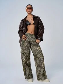 SHEIN ICON 女士时尚百搭休闲全印花宽松牛仔裤 低腰直筒牛仔裤 - 彩色 - 查看 4