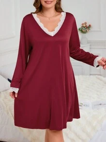 Color Block Lace Patchwork V-Neck Long Sleeve Casual Plus Size Nightgown